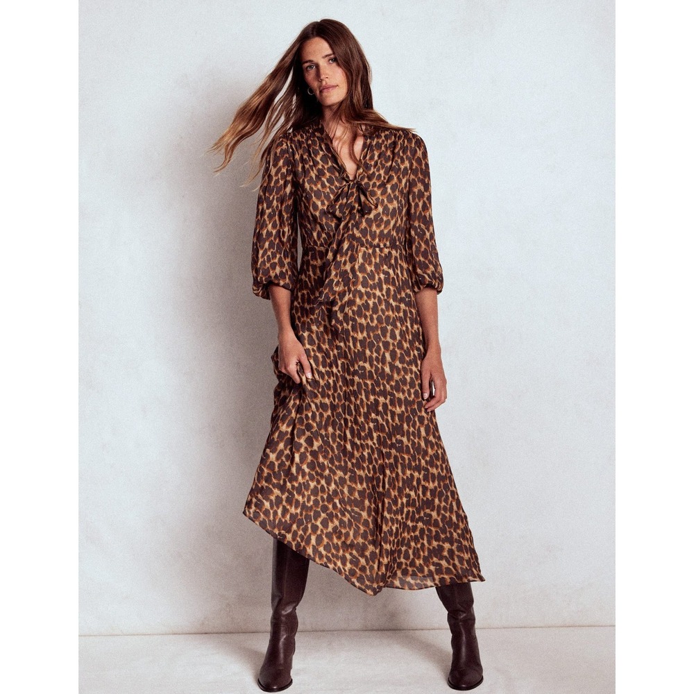 Boden Brooke Tie Neck Tea Dress Leopard Print Maxi Dress Brown 12R New With Tags
